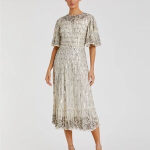 Mac Duggal Silver Flounce Sleeve Midi Dress